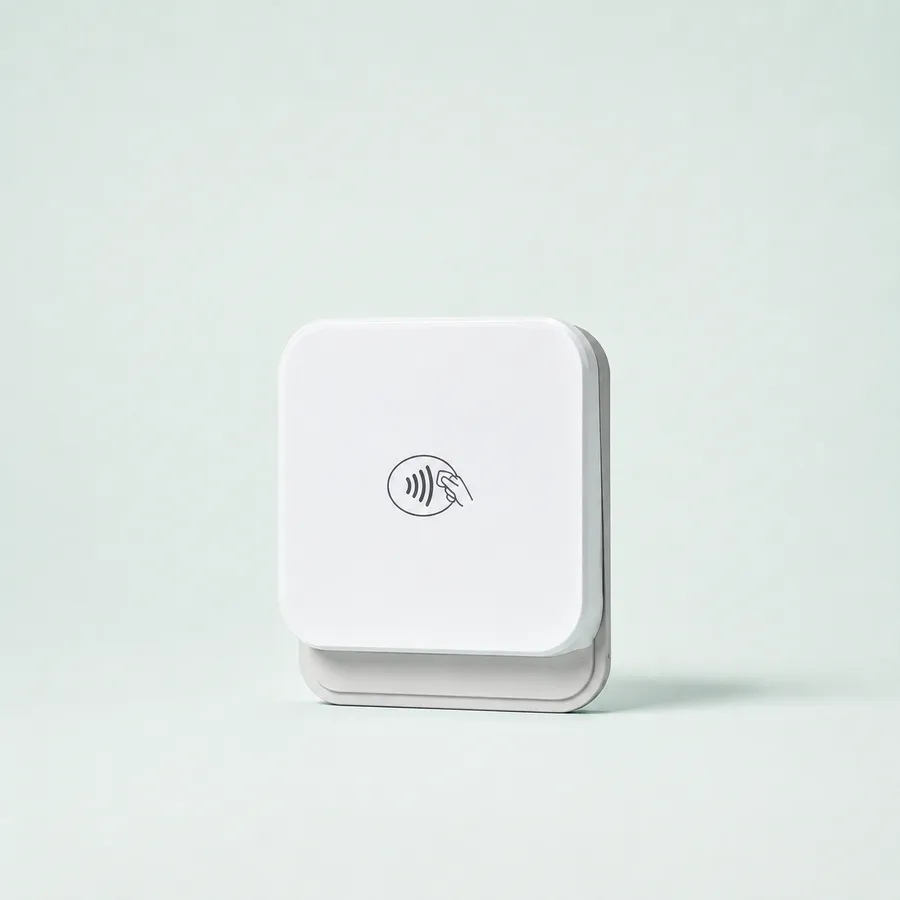 Studio mockup of the compact white Stripe Reader M2 on a pale mint background.