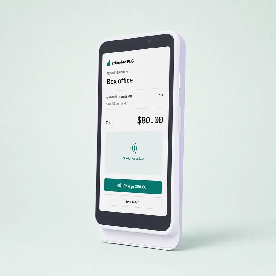 Studio mockup of a Stripe Reader S700 with the attendee POS app showing an $80 ticket sale.
