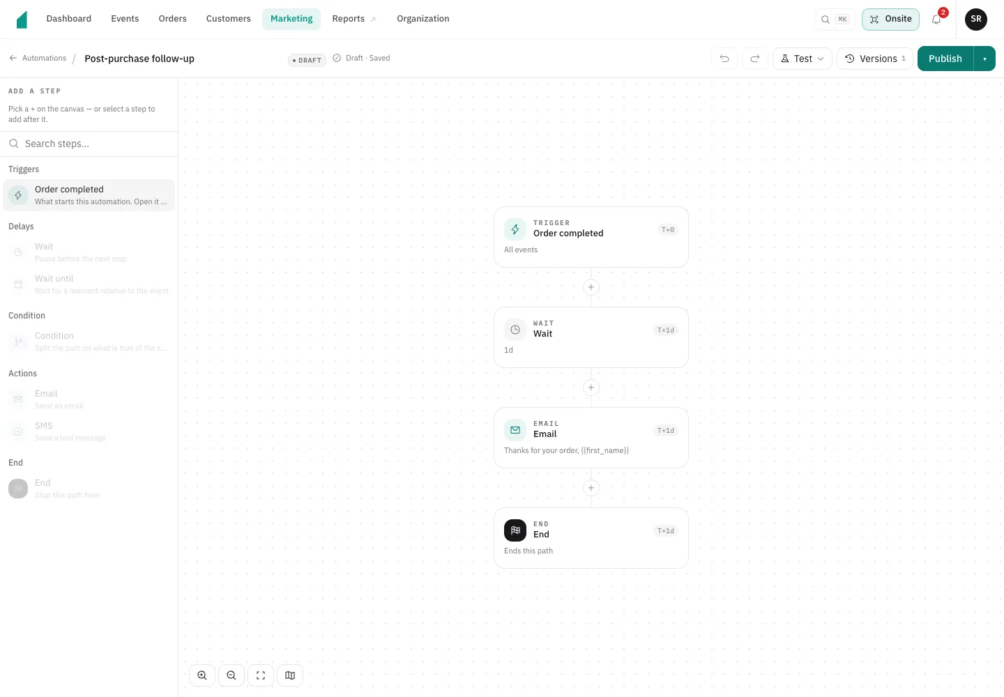 attendee’s workflow builder showing an Order completed trigger, a one-day wait, a follow-up email, and an end step.