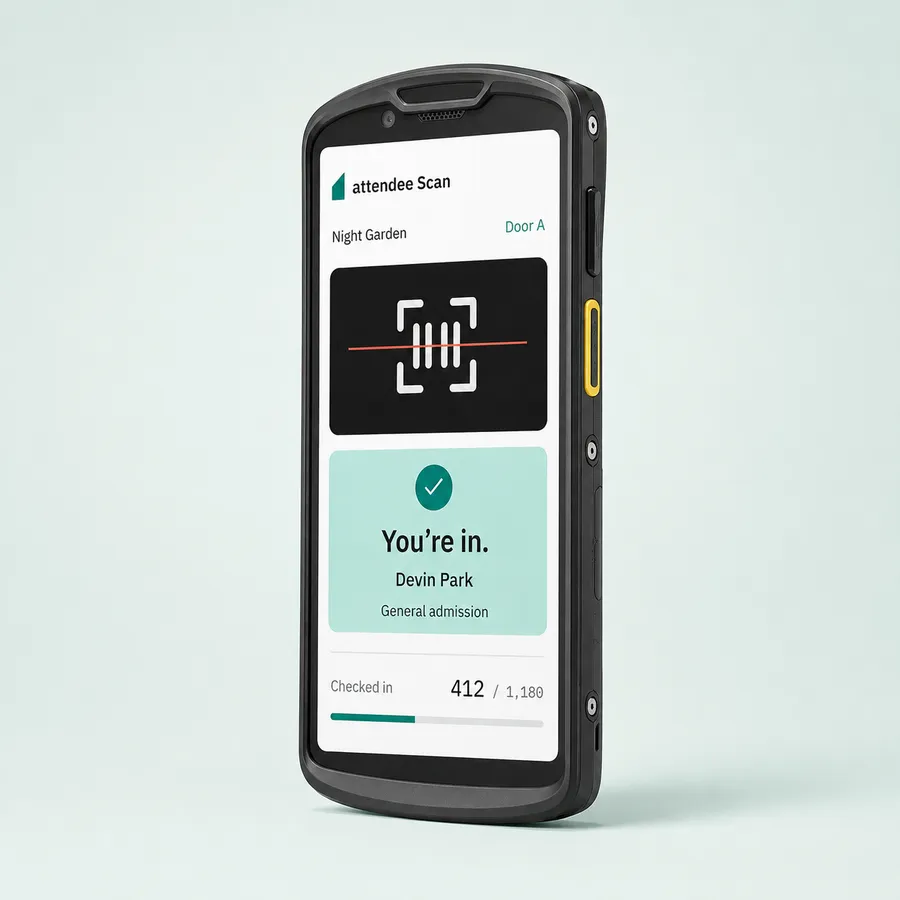 Studio mockup of a Zebra TC58 showing attendee Scan with a successful ticket check-in.